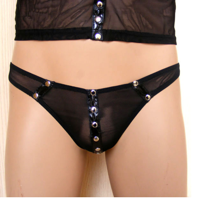 Male Sexy Lingerie Costume Transparent Gauze And Studded Patent Leather Design Men Black Vest And Briefs Clubwear Dancing Dress Cheap Price Wholesale